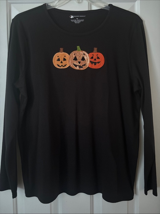 Designers Originals Tops - Black Halloween Pumpkin Sequin Long-Sleeve Top - Womens